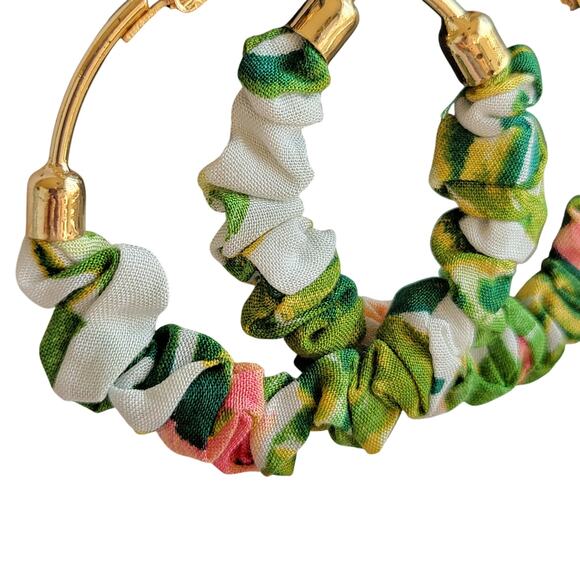 Gold Hoop Earrings Fabric Scrunch Detail 2.25" Green Pink With Gift Bag Trendy - Picture 6 of 8
